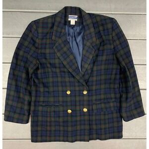 Vintange Pendleton Blazer Jacket Womens 14 Blue Green Plaid Wool Double Breasted